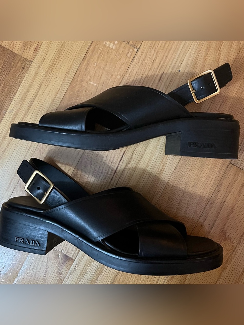 Prada Black Leather Crisscross Slingback Sandals 45mm Women's Size 37.5 7.5 - Picture 11 of 16